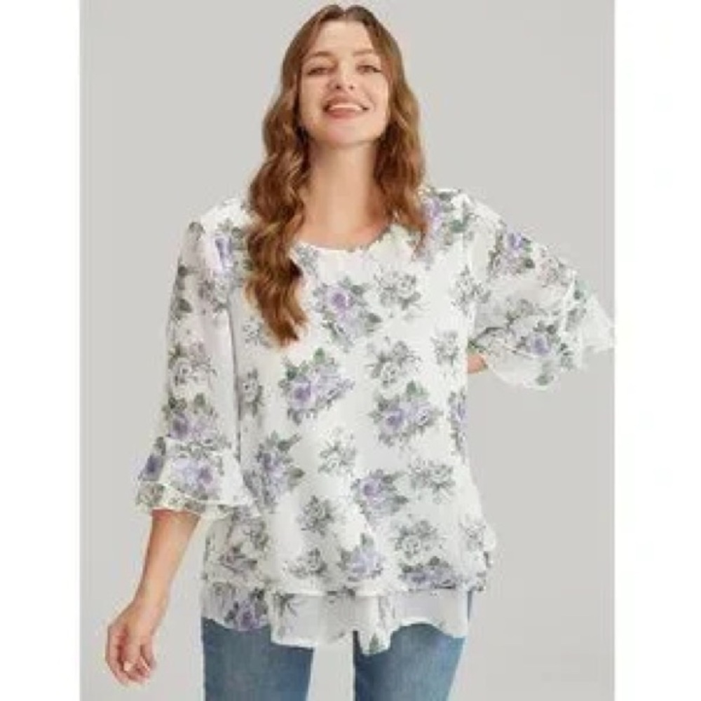 Bloomchic Ivory Floral Ruffle 3/4 Sleeve Layered Hem Blouse Size 12